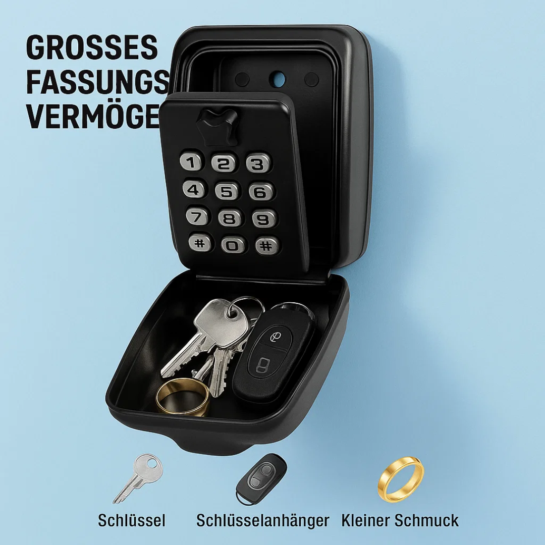 Easy-to-install outdoor key lock box with resettable combination for secure key access.