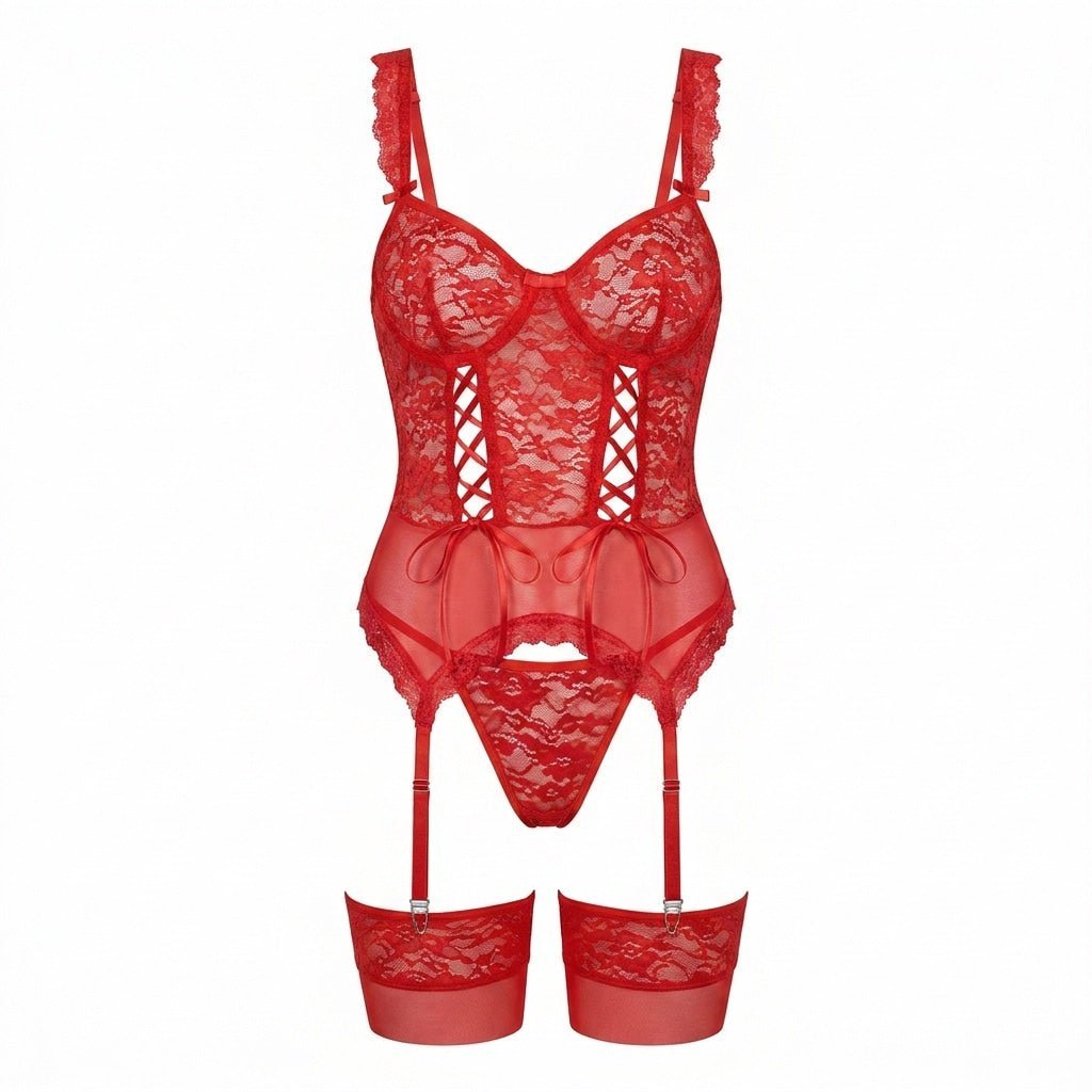 Elegant women's special occasion lingerie: underwired floral lace bustier with coordinating garter.