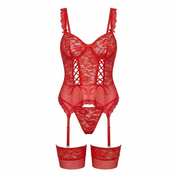 Elegant women's special occasion lingerie: underwired floral lace bustier with coordinating garter.