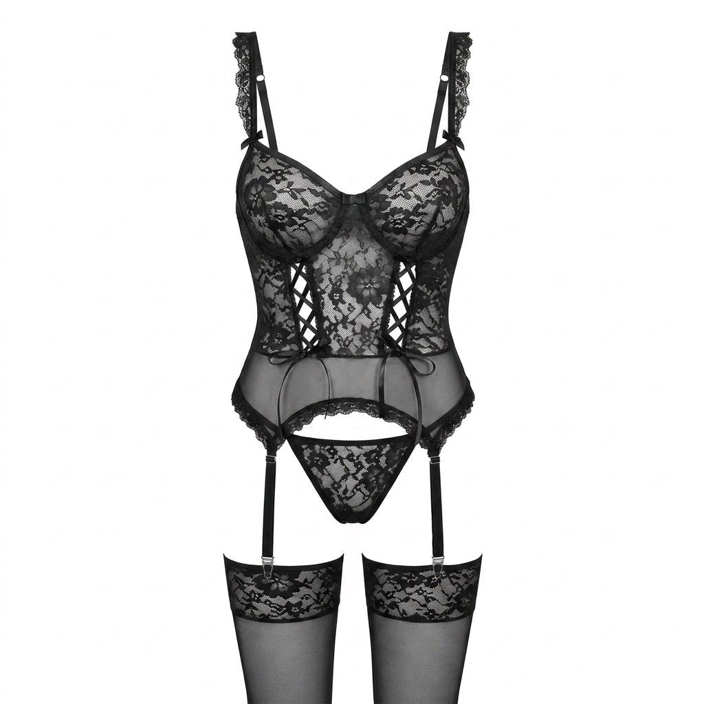 Romantic three-piece intimate wear: underwired floral lace bustier, garter & sheer stockings.