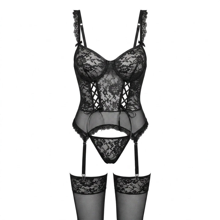 Romantic three-piece intimate wear: underwired floral lace bustier, garter & sheer stockings.