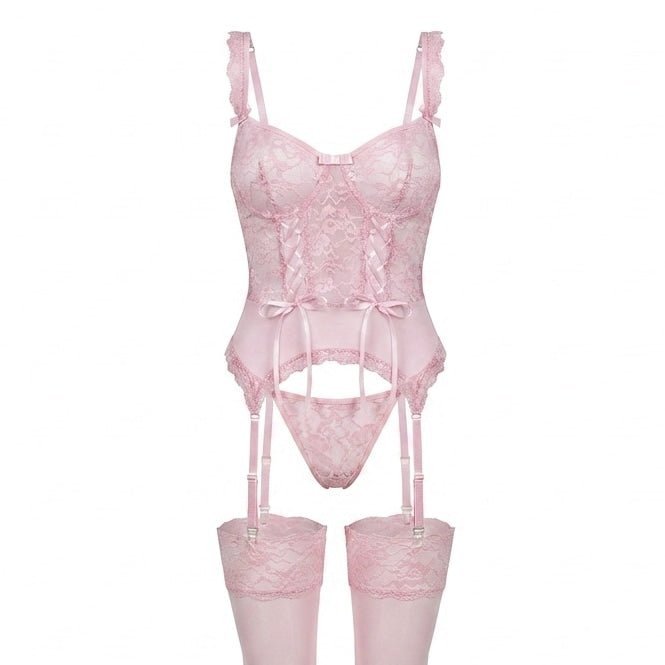 Chic women's underwired floral lace bustier, ideal intimate wear, paired with garter and hosiery.