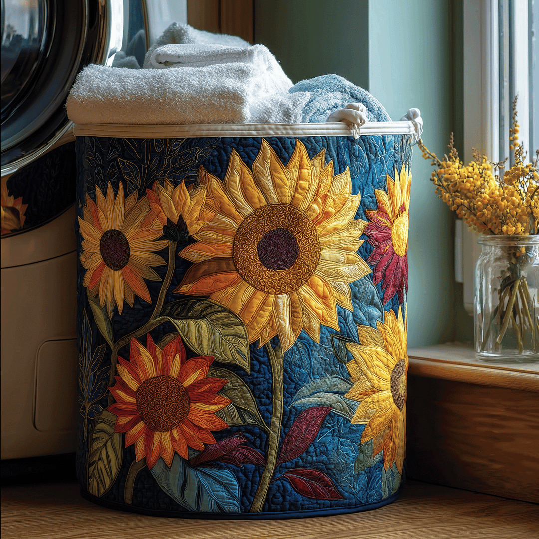 Self-standing Sunshine Floral Quilted Laundry Basket. Ideal fabric storage for bedroom & bathroom organization.