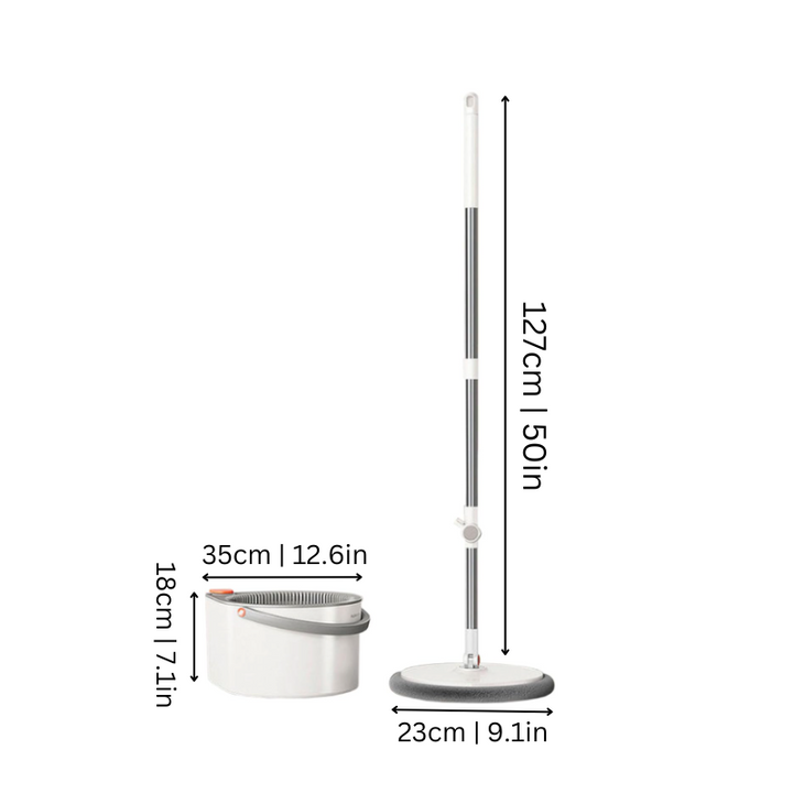 Effortless cleaning spin mop system with self-wringing bucket and ultra-absorbent microfiber head for all floors.