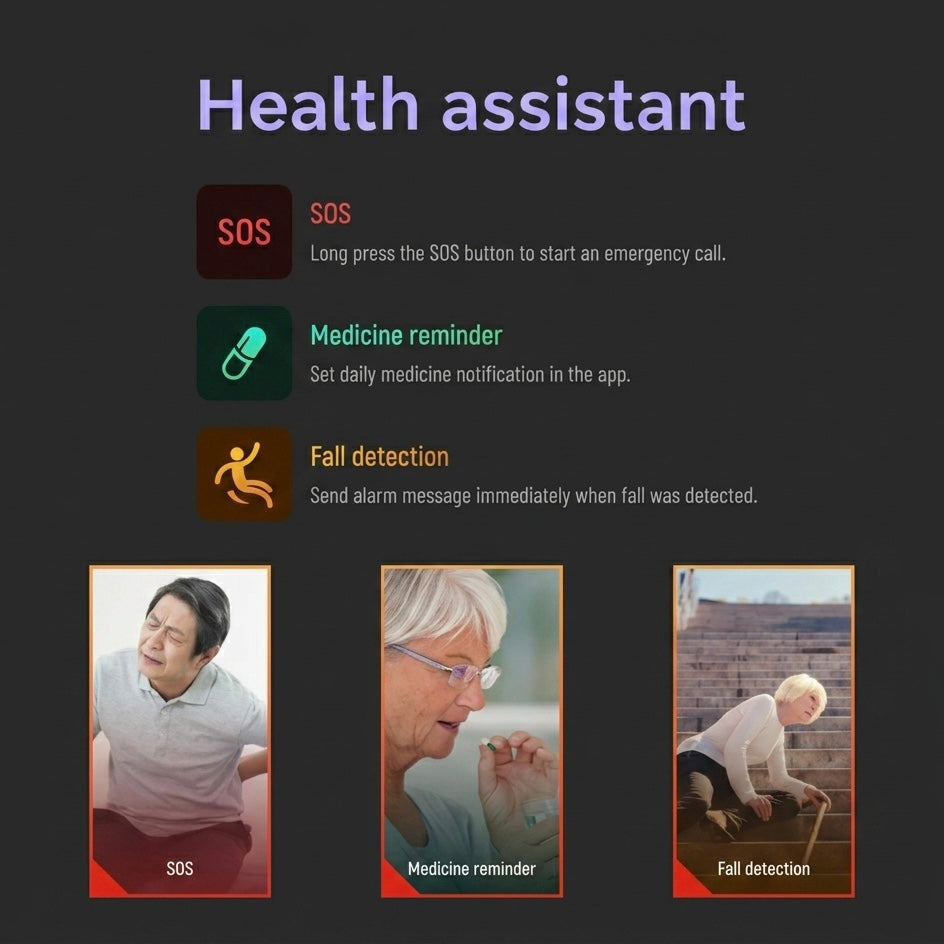 Elderly safety smartwatch: 4G GPS tracker with automatic fall detection, medical reminders & urgent SOS calls.