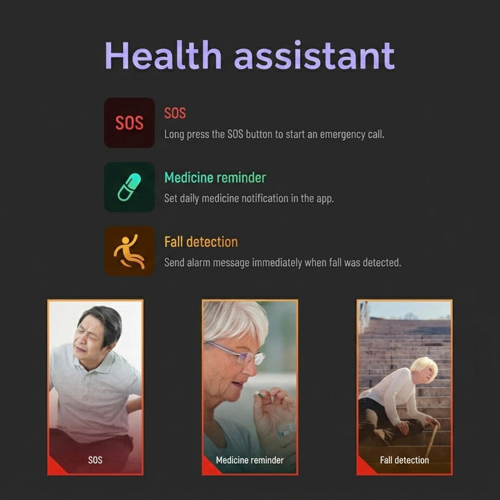 Elderly safety smartwatch: 4G GPS tracker with automatic fall detection, medical reminders & urgent SOS calls.