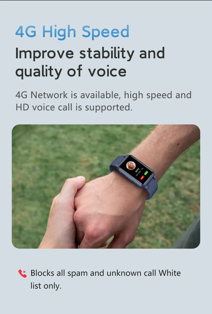 Water-resistant 4G GPS smartwatch for seniors, includes fall detection, SOS & live GPS tracking.