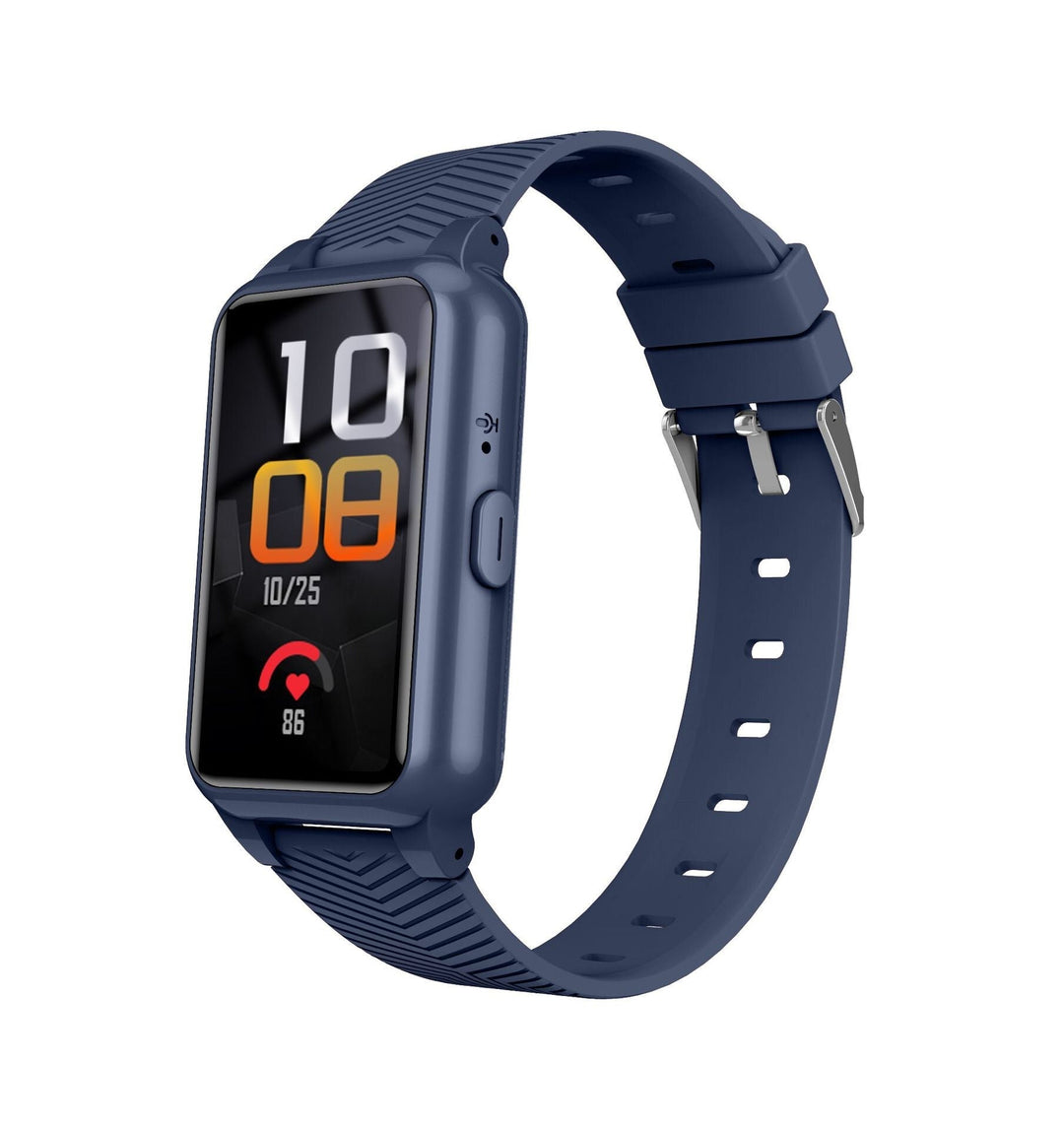Close-up of senior's 4G smartwatch display showing GPS, fall detection status, & SOS button.