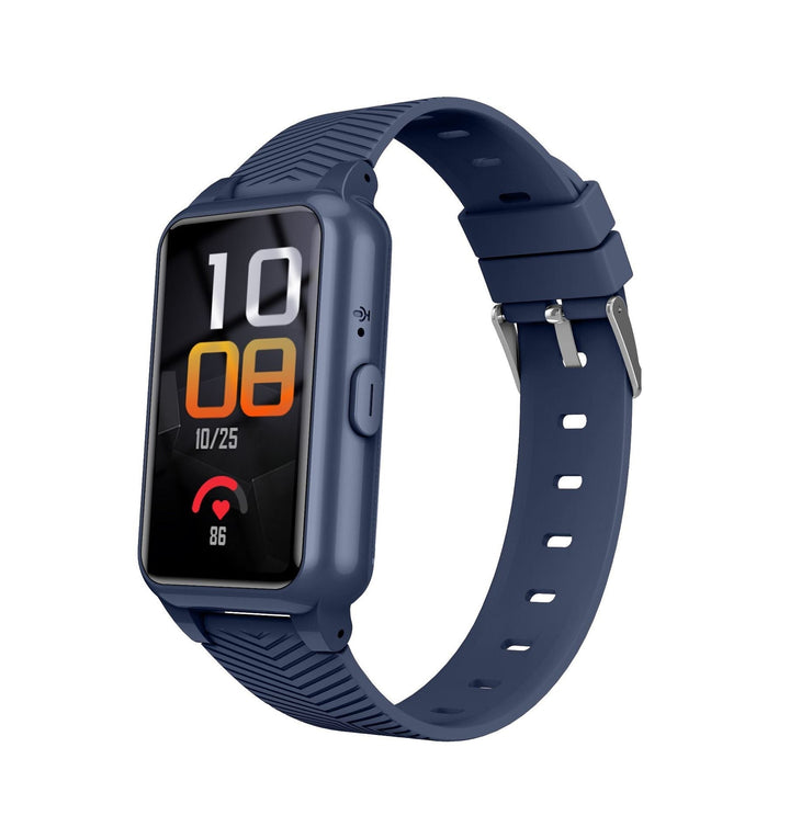 Close-up of senior's 4G smartwatch display showing GPS, fall detection status, & SOS button.