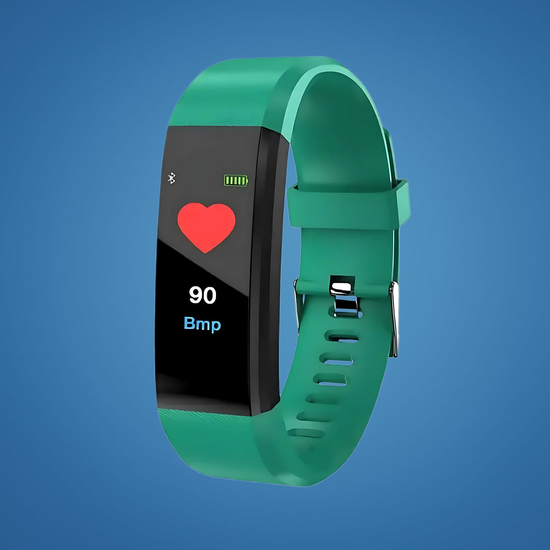 Elderly person checking a SafeTrack Senior Smart Watch, tracking heart rate and daily activity during a walk.