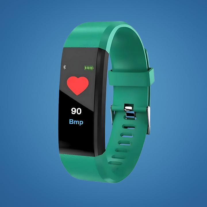 Elderly person checking a SafeTrack Senior Smart Watch, tracking heart rate and daily activity during a walk.
