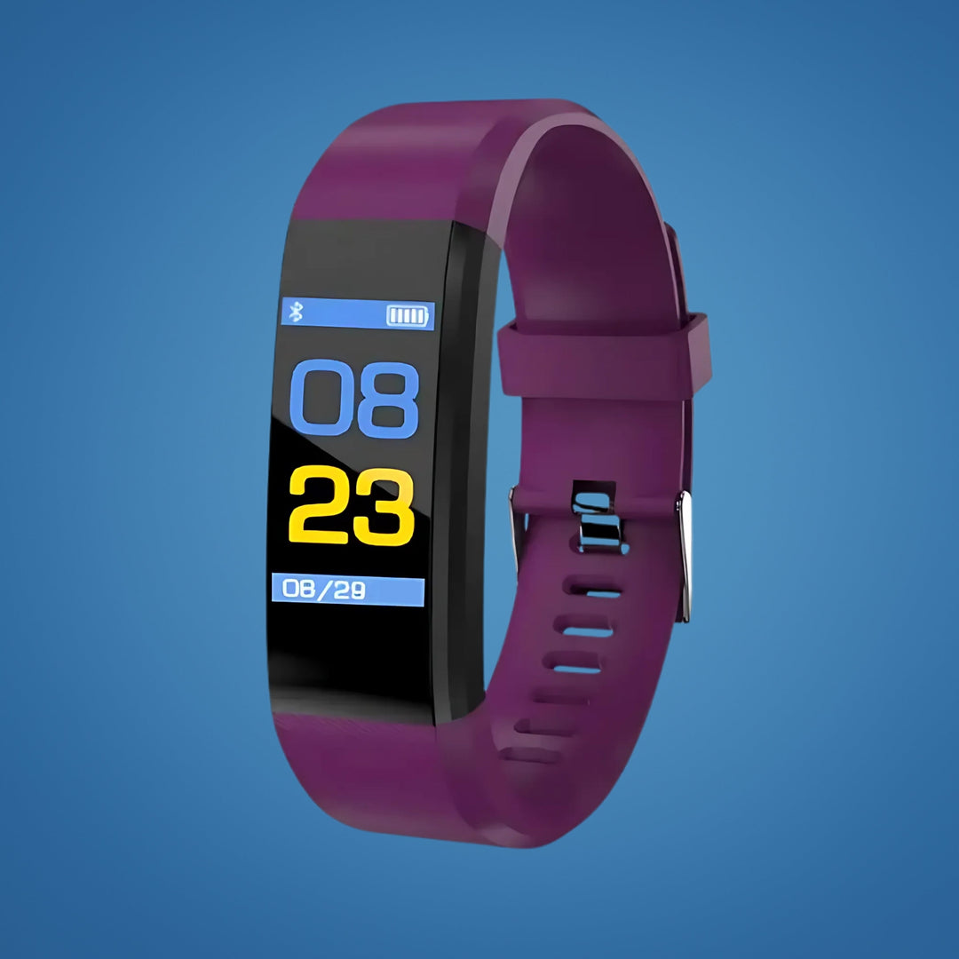 Close-up of SafeTrack Senior Smart Watch displaying heart rate, activity, sleep data, and time. Health monitor.