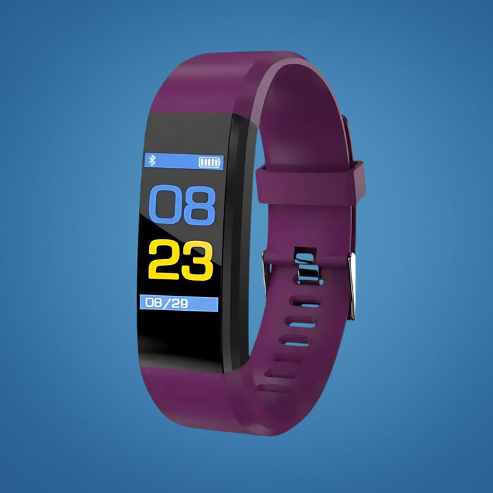 Close-up of SafeTrack Senior Smart Watch displaying heart rate, activity, sleep data, and time. Health monitor.