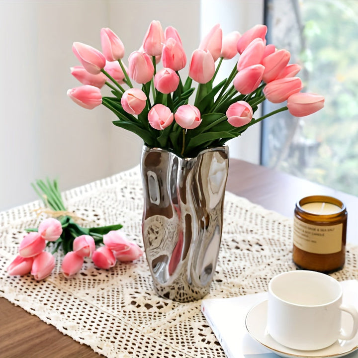 Set of 10 realistic artificial tulips, perfect for home decor, weddings, and event floral arrangements. Faux spring flowers.