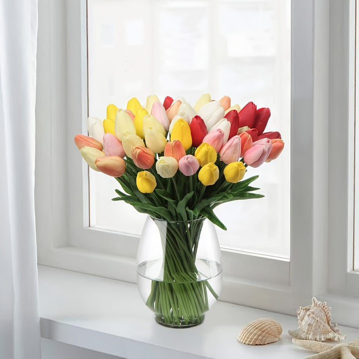 Vibrant set of 10 artificial tulips for home decor, spring arrangements, or year-round interior decoration.