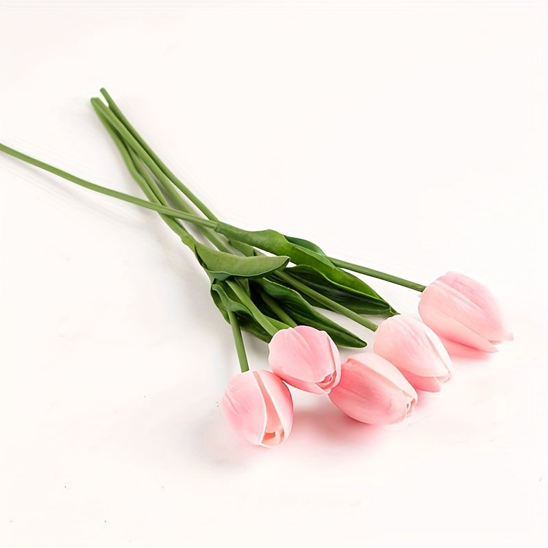 Close-up of realistic faux tulips, set of 10, showcasing detailed petals, ideal for wedding & home decor.