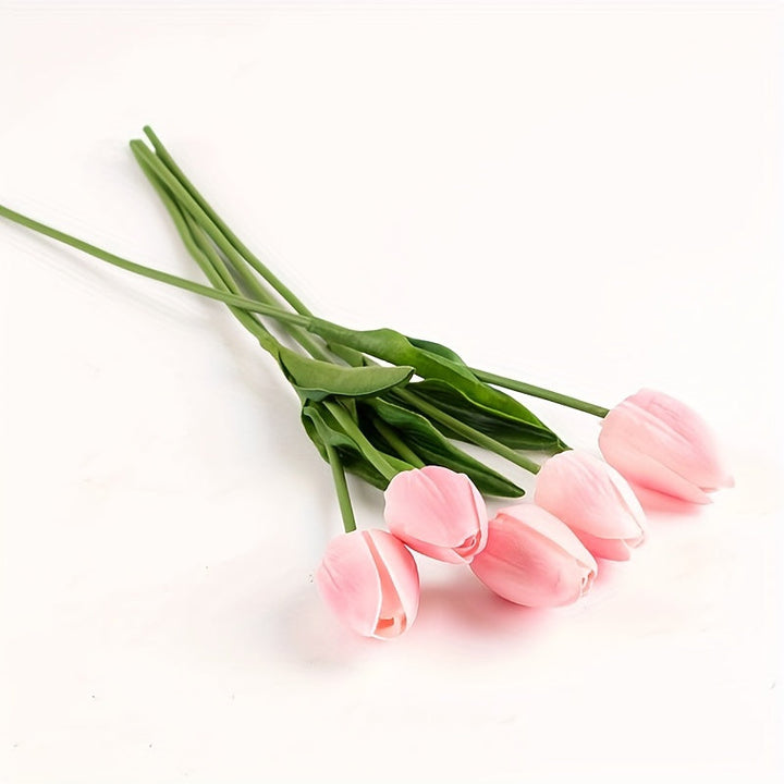 Close-up of realistic faux tulips, set of 10, showcasing detailed petals, ideal for wedding & home decor.