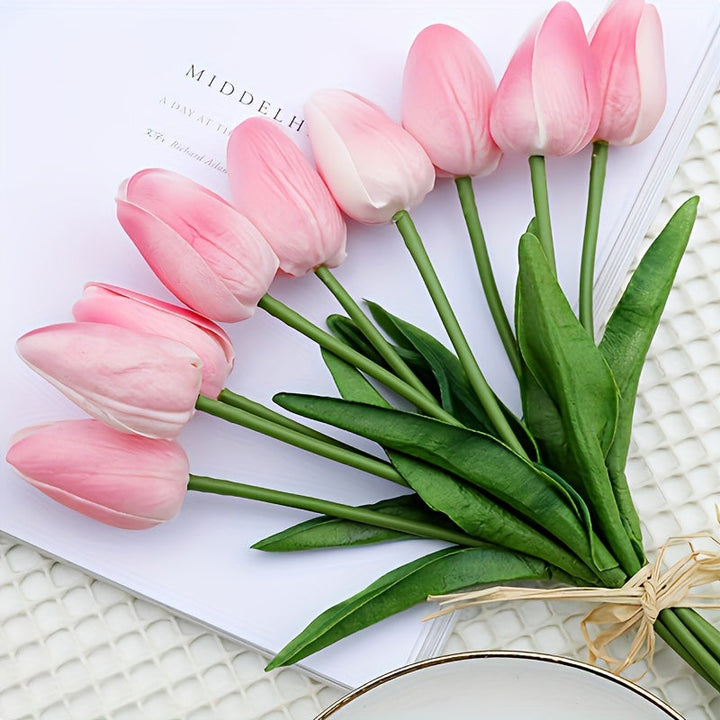 Set of 10 realistic artificial tulips displayed in a vase, perfect for elegant home or wedding floral arrangements.