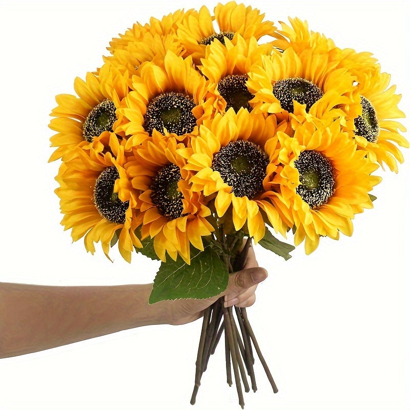 Set of 11 vibrant artificial sunflowers, perfect for autumn home & wedding decor, faux floral.