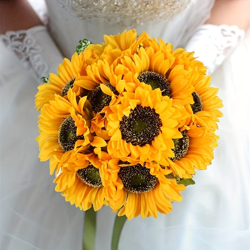 Faux floral sunflowers, 11 vibrant yellow blooms for autumn, wedding, and garden home decor.