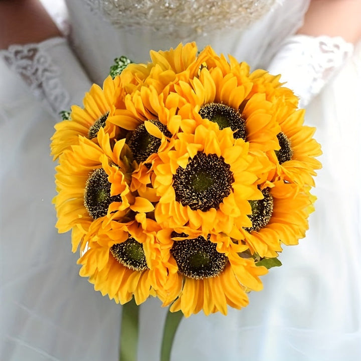 Faux floral sunflowers, 11 vibrant yellow blooms for autumn, wedding, and garden home decor.