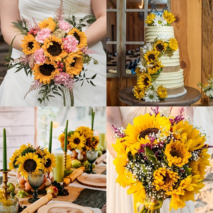 Eleven vibrant artificial sunflowers, ideal for autumn, wedding, garden & home decoration, faux floral.