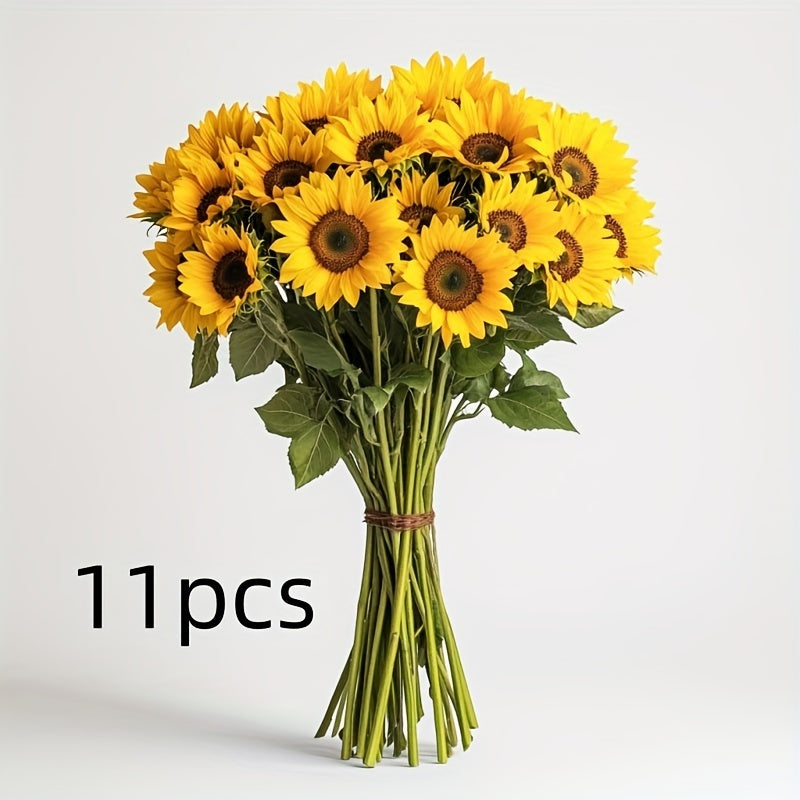Vibrant set of 11 artificial yellow sunflowers for stunning autumn, wedding, and home decor.
