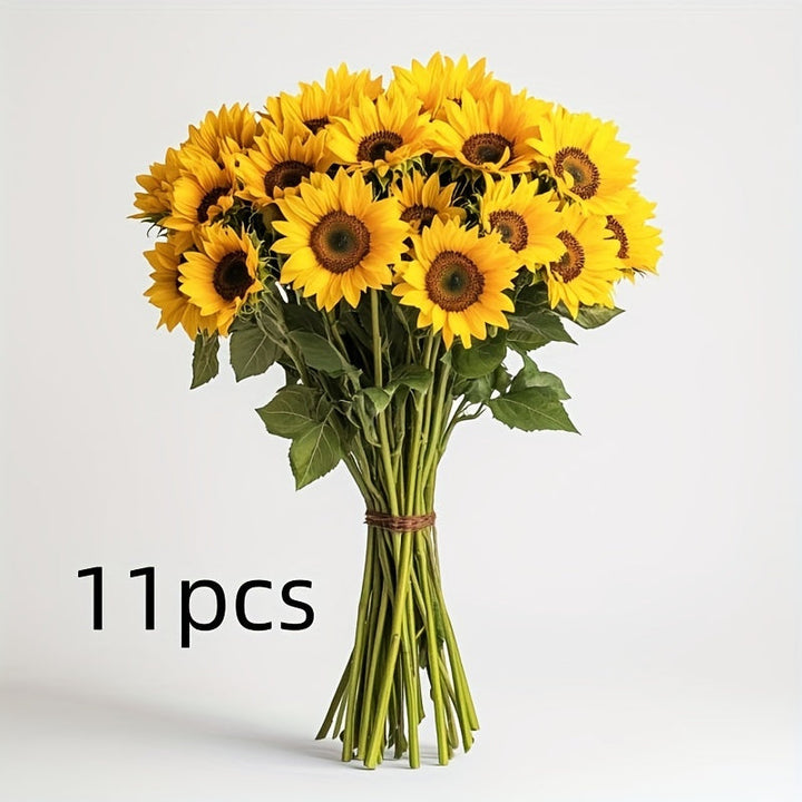 Vibrant set of 11 artificial yellow sunflowers for stunning autumn, wedding, and home decor.
