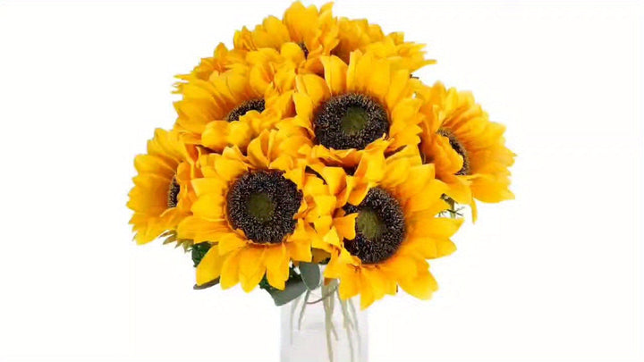 Beautiful set of 11 vibrant artificial sunflowers for garden, home, wedding, or event decor accents.