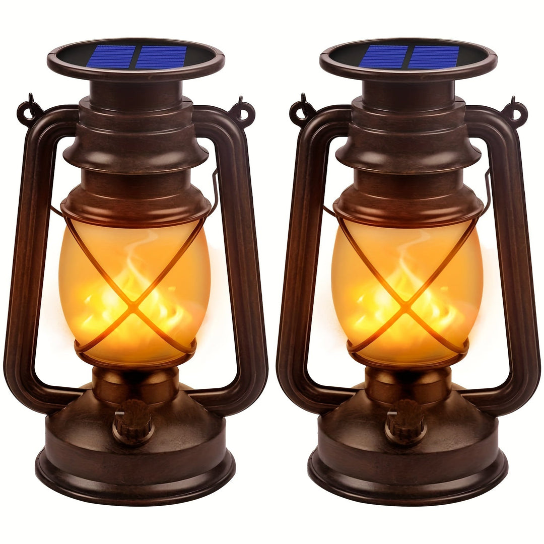 Set of 2 vintage solar lanterns with dancing LED flame, perfect for garden & patio decor. Weather resistant.
