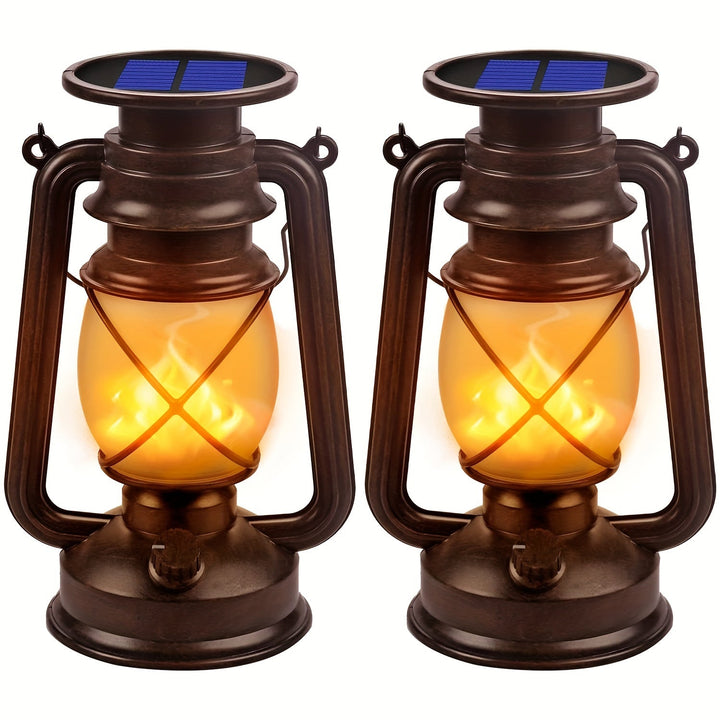 Set of 2 vintage solar lanterns with dancing LED flame, perfect for garden & patio decor. Weather resistant.