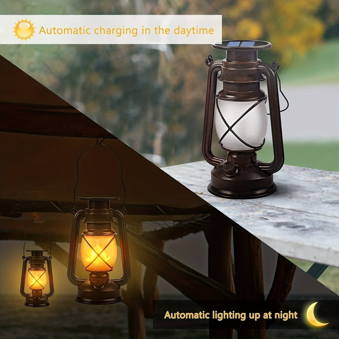 Solar garden lanterns with flickering LED flame. Creates warm, ambient outdoor lighting for patio & pathways.