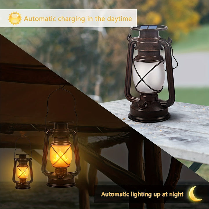 Solar garden lanterns with flickering LED flame. Creates warm, ambient outdoor lighting for patio & pathways.