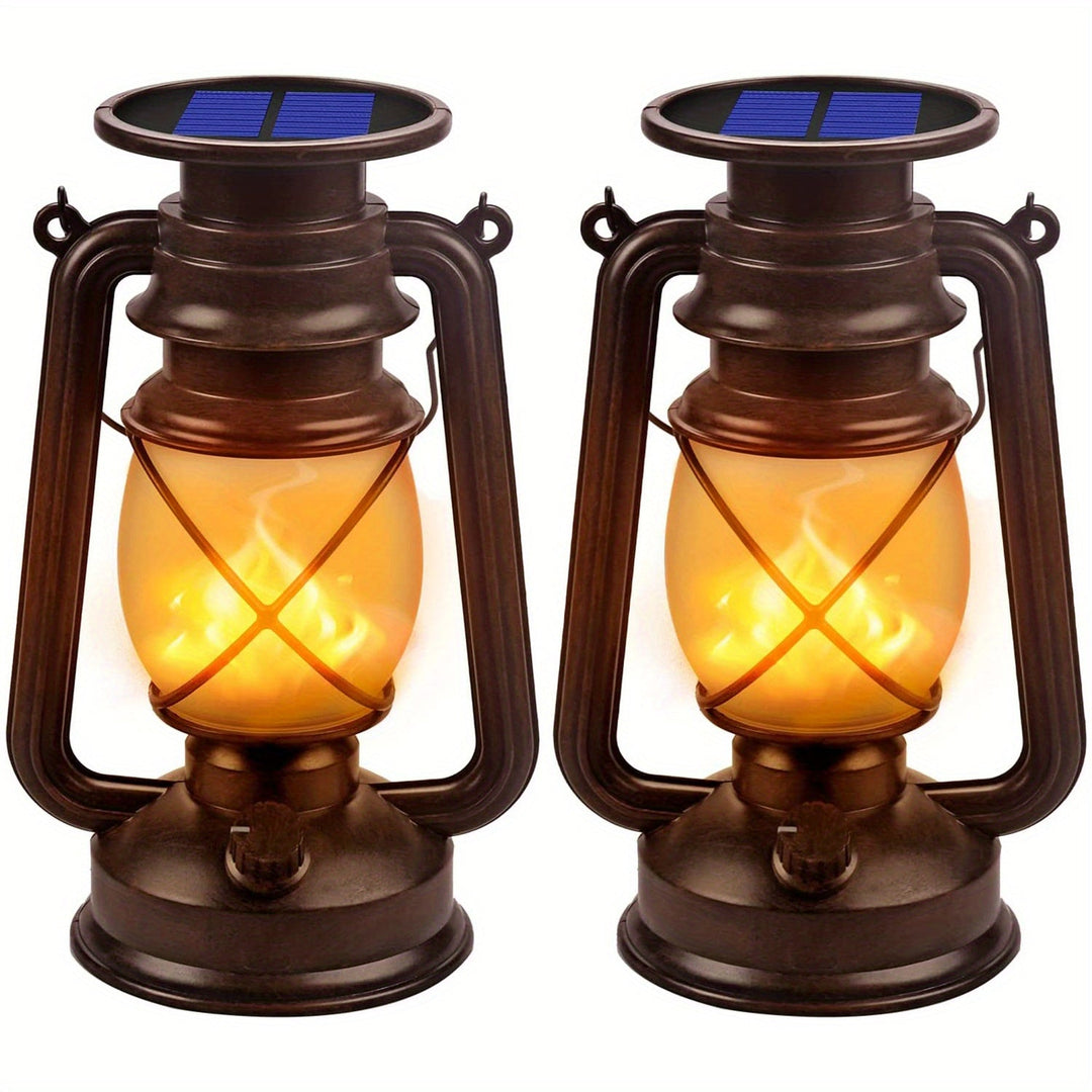 Pair of solar LED flame lanterns for garden & patio. Vintage style, energy-efficient, weather-resistant outdoor light.