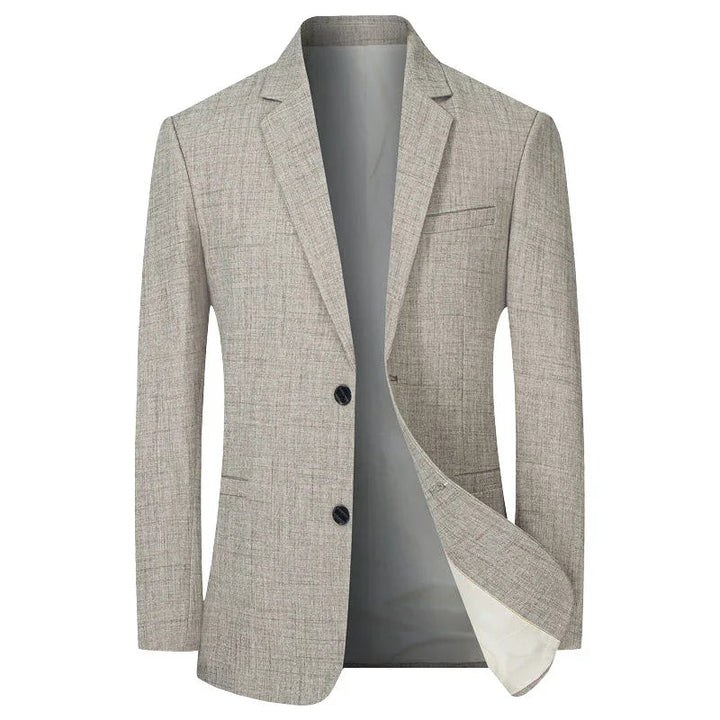 Sharp men's beige tailored slim fit blazer, perfect for versatile business, formal, or casual style. Professional men's fashion.