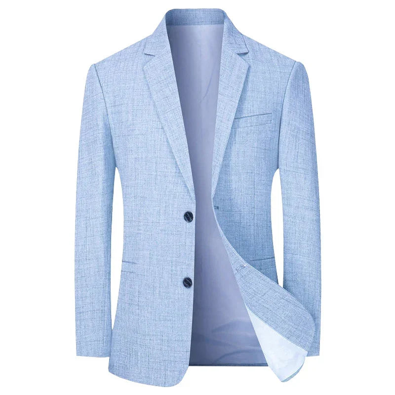 Men's blue slim fit tailored blazer for professional business attire or smart casual looks. Versatile men's fashion.