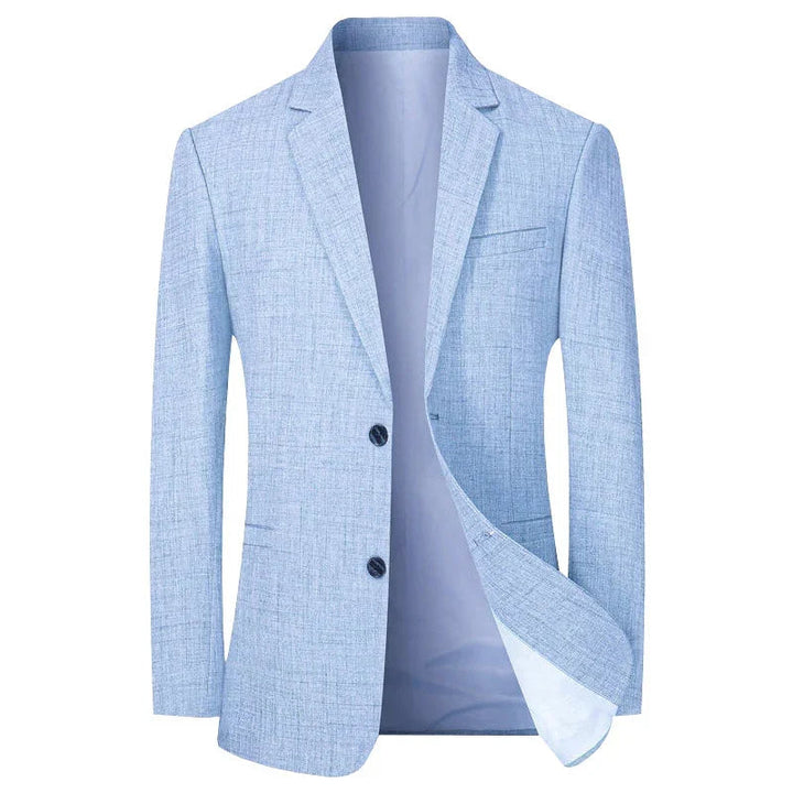 Men's blue slim fit tailored blazer for professional business attire or smart casual looks. Versatile men's fashion.