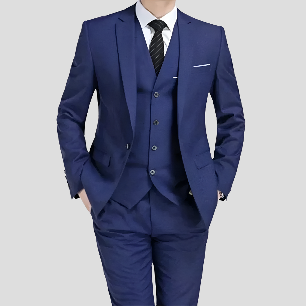 Stylish men's three-piece slim-fit suit with waistcoat, ideal for modern business & formal professional attire.