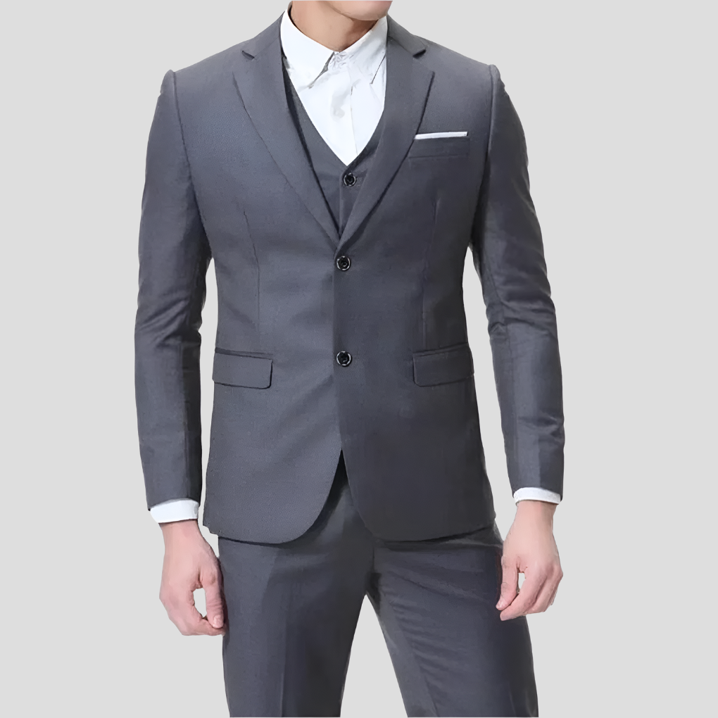 High-quality tailored men's three-piece slim fit suit, designed for comfort, style, and professional events.