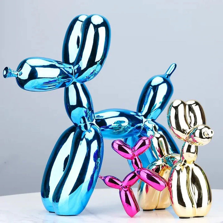 Shiny metallic balloon dog ornament, modern home decor sculpture for living rooms.