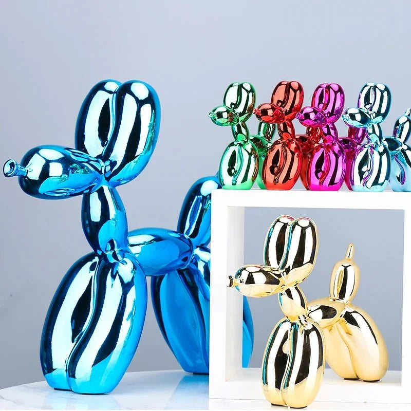 Contemporary metallic balloon dog statue, quirky animal art for modern home decor.