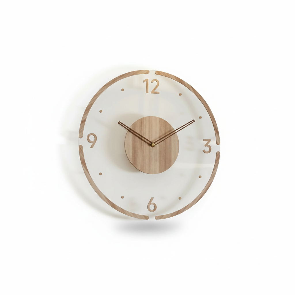 Silent Scandinavian solid wood wall clock, modern minimalist design for living rooms.