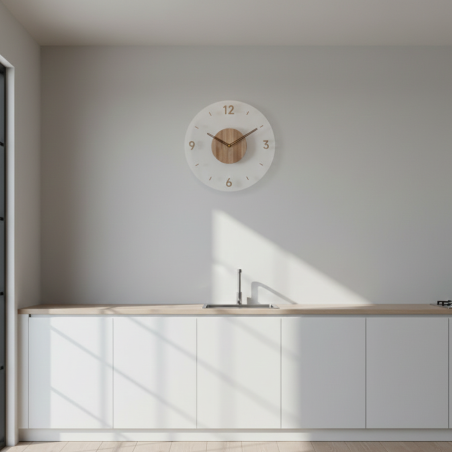 Round Scandinavian silent wall clock, modern wood design for stylish home decor.