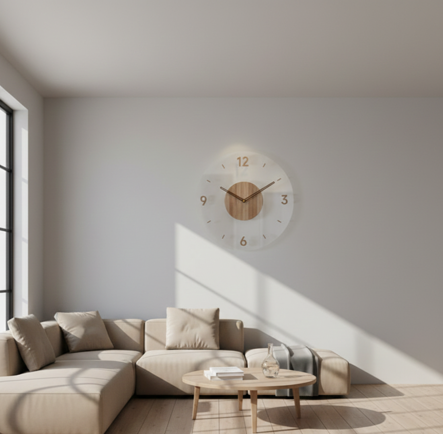 Minimalist solid wood wall clock, silent movement, adds a touch of nature to walls.