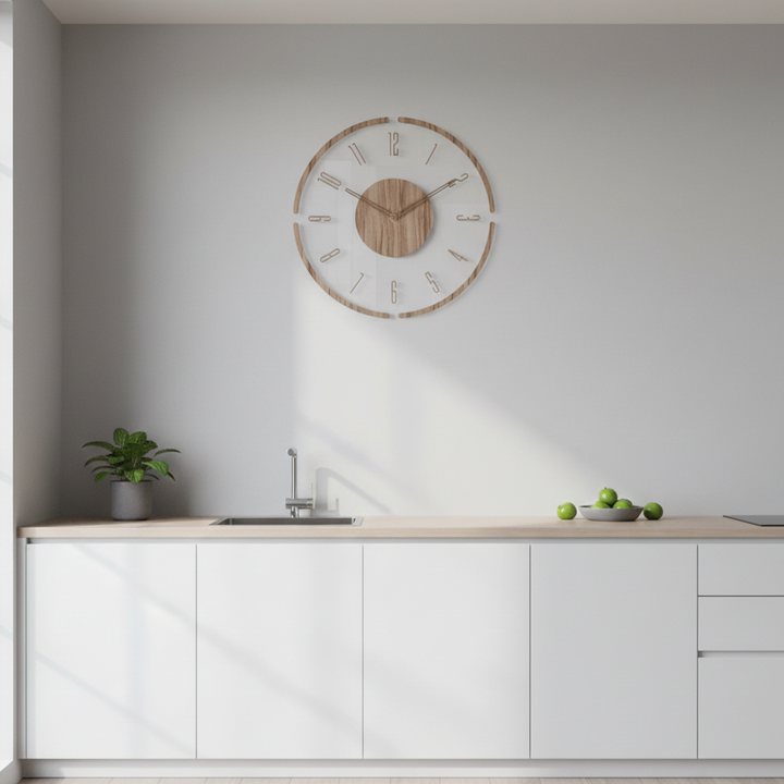 Silent quartz wood clock, modern Scandinavian aesthetic, perfect for quiet spaces.