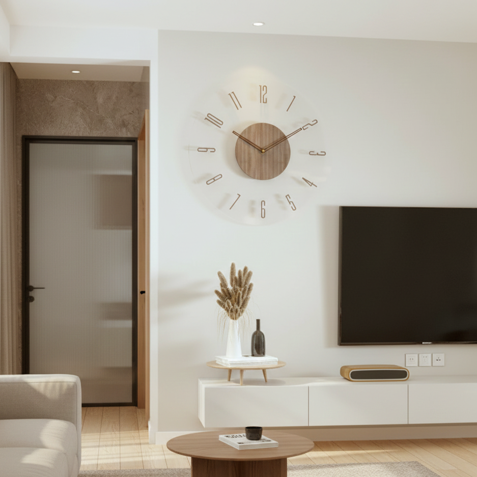 Solid wood silent wall clock, natural finish, ideal for modern Scandinavian interiors.