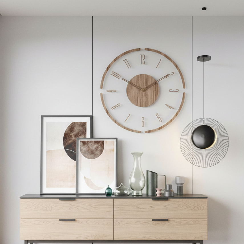 Contemporary silent wood wall clock, round design, enhances any minimalist decor.