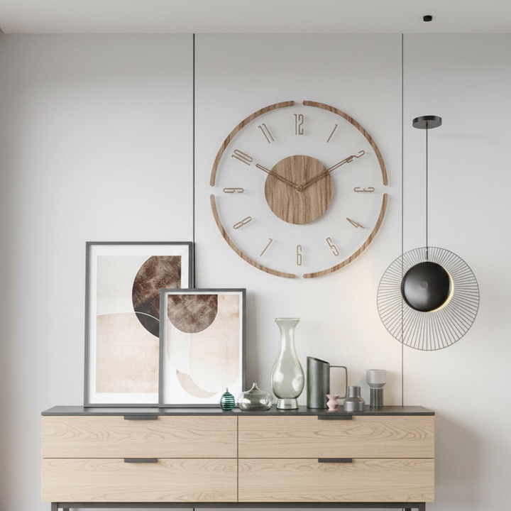Contemporary silent wood wall clock, round design, enhances any minimalist decor.
