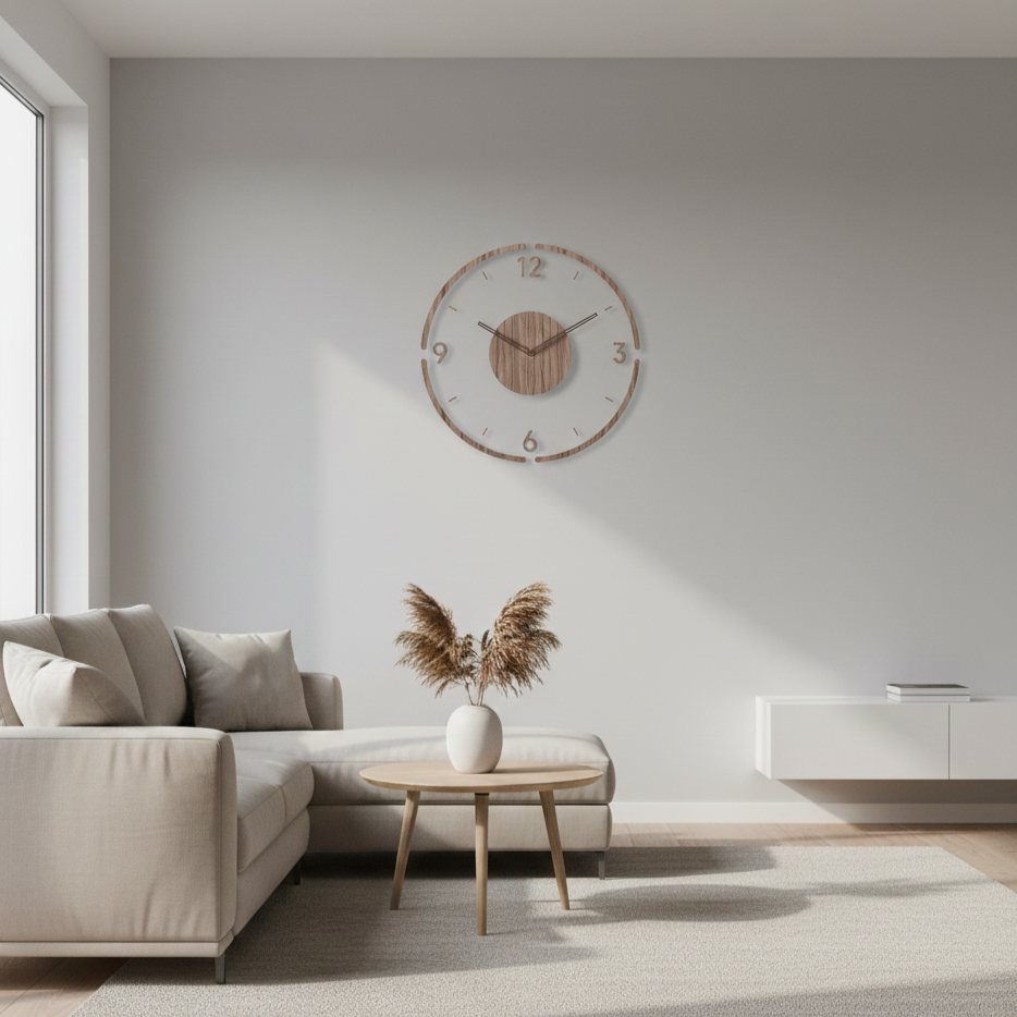 Natural wood round wall clock, silent quartz movement, perfect for Scandinavian decor.