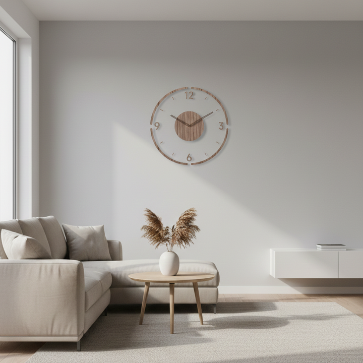 Natural wood round wall clock, silent quartz movement, perfect for Scandinavian decor.